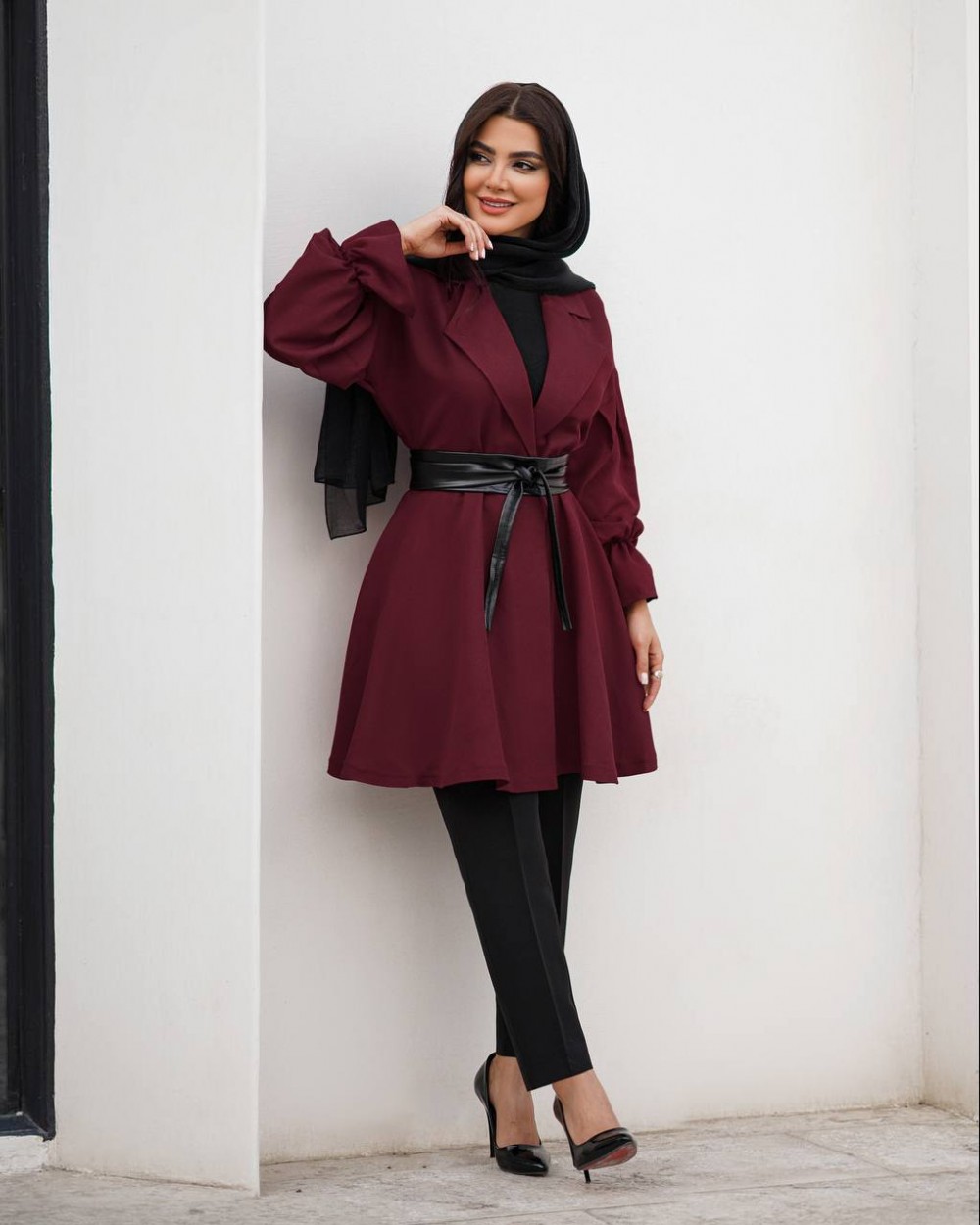 مانتو زنانه کلوش کمربند چرم کد 122