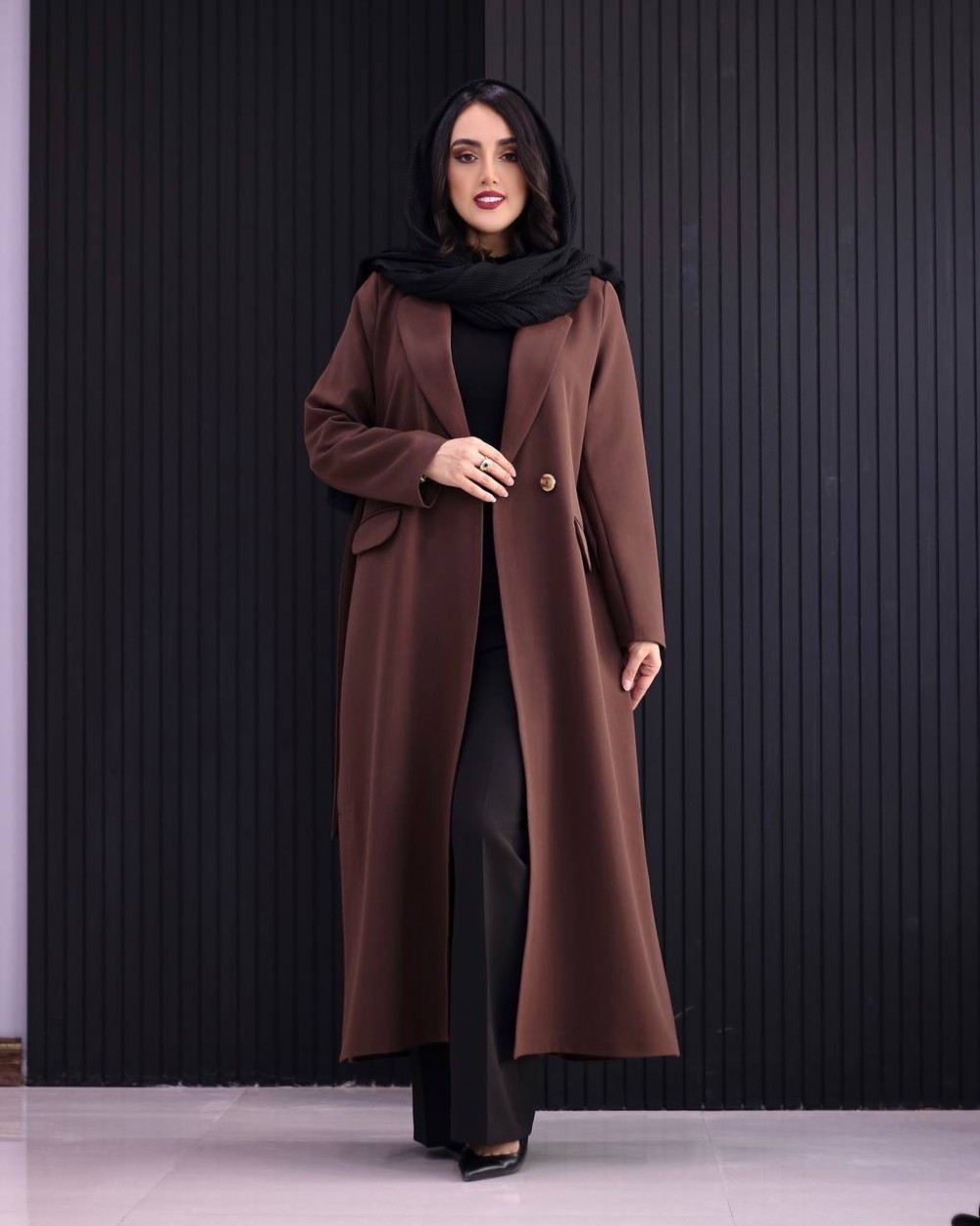 مانتو زنانه یقه انگلیسی کمربنددار کد 3186
