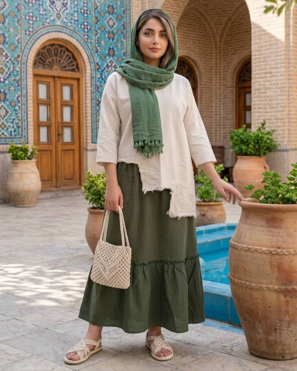 ست سه تیکه شومیز، دامن و شال زنانه الیاف طبیعی کد 3216 (ضمانت اصالت)