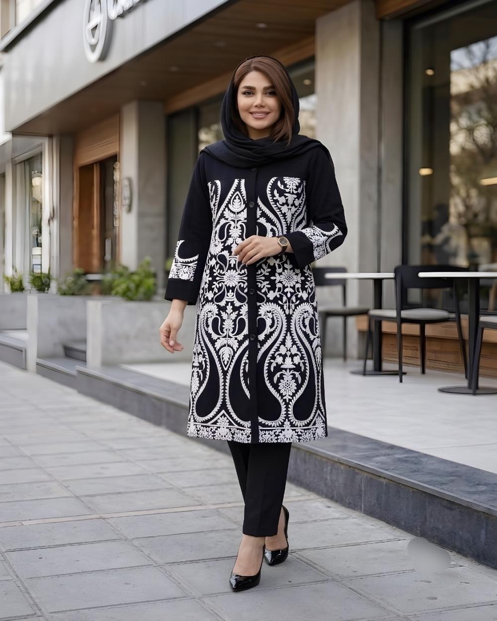 مانتو کتی بلند زنانه با خرجکار طرح اسلیمی کد 0455