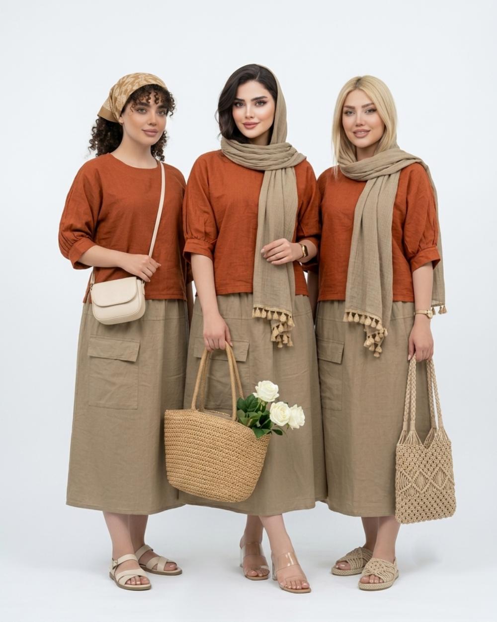 ست سه تیکه شومیز، دامن و شال زنانه الیاف طبیعی کد 3257 (ضمانت اصالت)